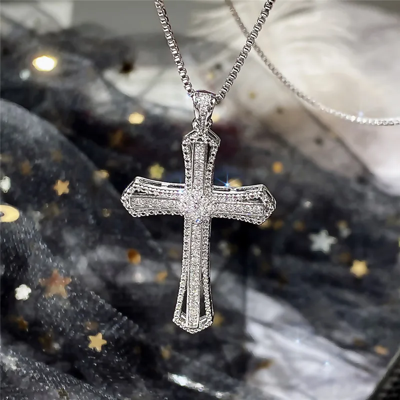 Huitan Hip Hop Cross Necklace for Women with Dazzling CZ Stone Luxury Silver Color Cool Neck Accessories Party Trendy Jewelry