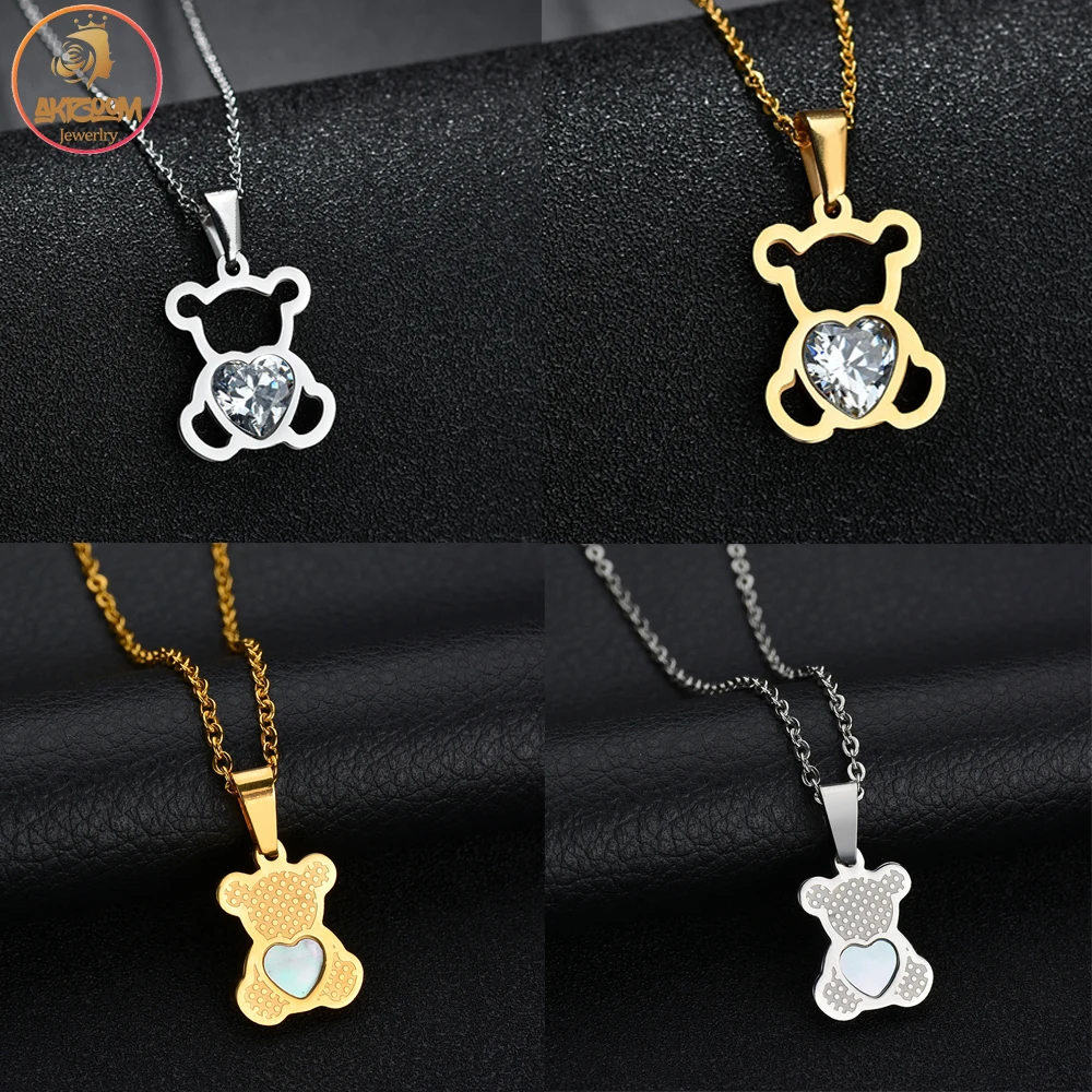 Akizoom Fashion Stainless Steel Cute Bear Shape Jewelry Heart Zircon Necklace Pendant for Women Birthday Gift Wholesale