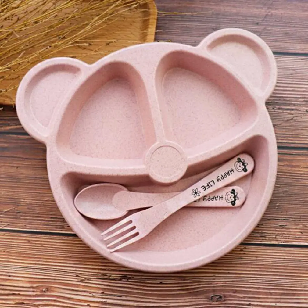 Cubs Children's Dinner Set Wheat Straw Creative Tableware Baby Dish Tray Breakfast Tray Addition Fork and Spoon