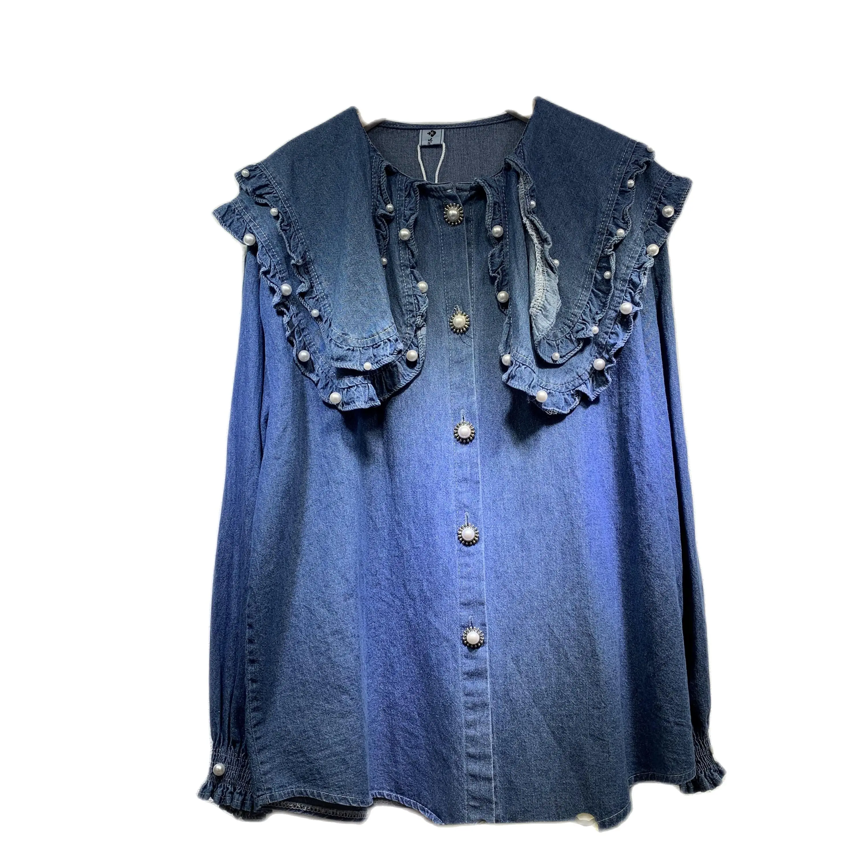 Collar Denim Shirt Pearl Beading Cute Streetwear Jeans Blouse Autumn Spring Casual Jeans Clothing