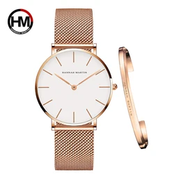 Hot 1 Set Brand Wristwatches & Bracelet Japan Quartz Movt Ladies Waterproof Rose Gold Simple Stainless Steel Women Watches