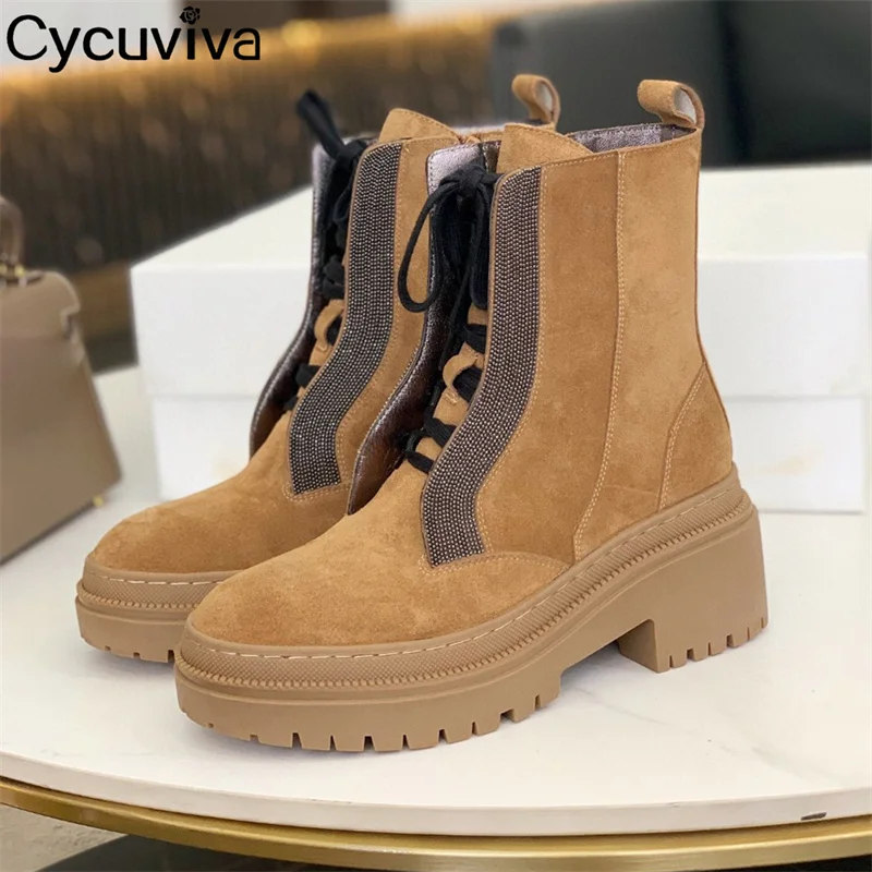 

Thick Sole Lace Up Ankle Boots for Women Brown Black Round toe Motorcycle Boots High Quality Suede Real Leather Short Boots