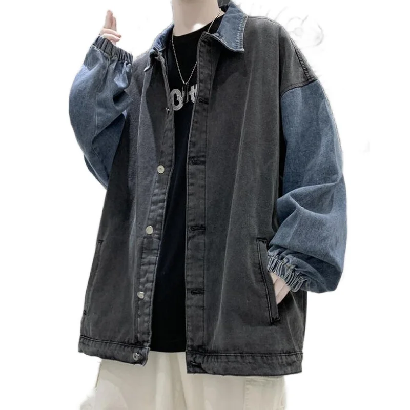 Men's Trendy Denim Jacket Fashion Loose Outwear Patchwork Color Cowboy Jacket Asia Size  5XL