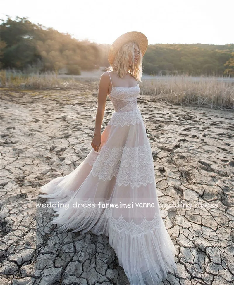 #1247 alças de espaguete laço macio sem mangas varredura trem a linha boêmio praia sem costas vestido de casamento vestidos de noiva vestido de noite