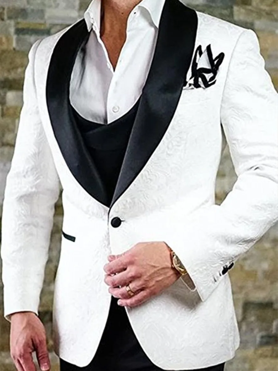 Handsome Groomsmen Embossing Groom Tuxedos Mens Wedding Dress Man Jacket Blazer Prom Dinner (Jacket+Pants+Tie+Vest) A19