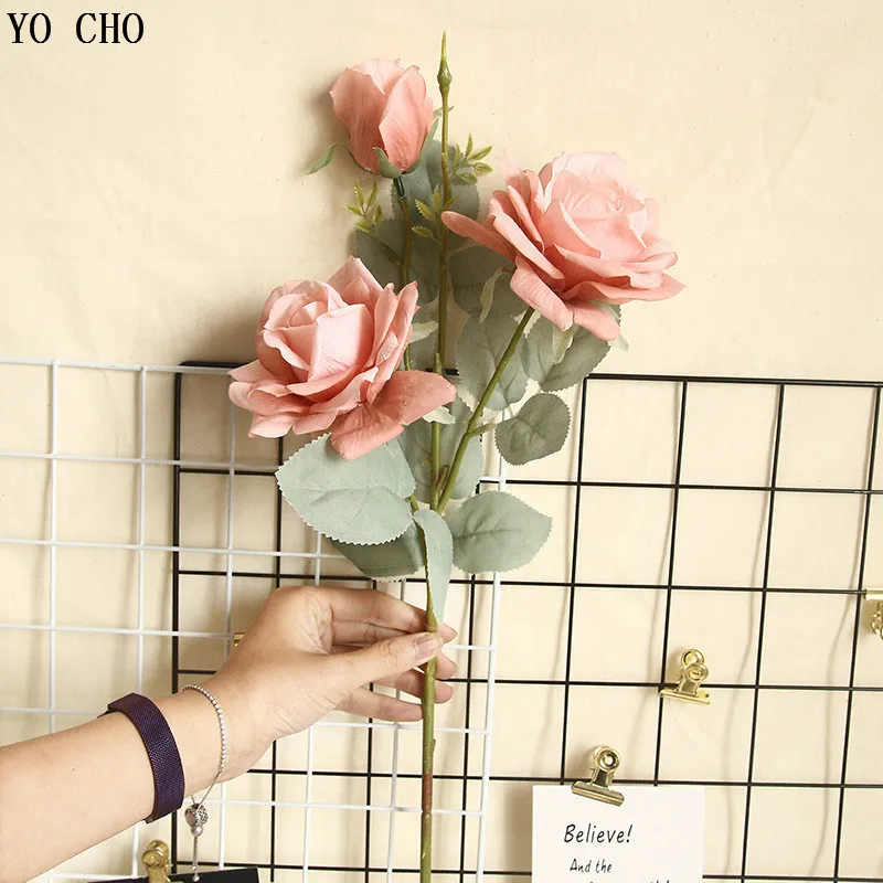 YO CHO-Roses De Neve De Jasmim Artificial Ramo, Rosas De Seda Falsas, Flores Para Decoração De Casamento, Casamento De Mesa, Cabeça Grande De Flor De Rosa