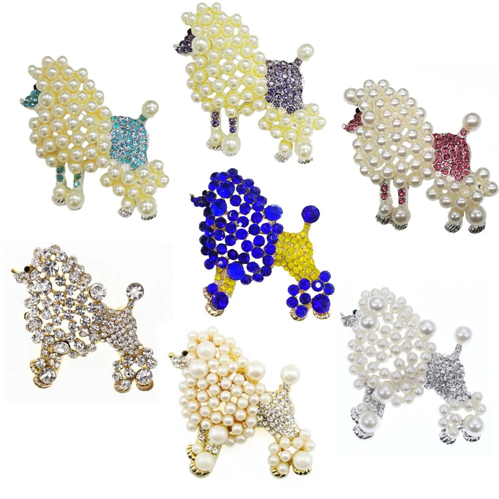 

10 Pcs/Lot Fashion Jewelry Lovely Crystal Rhinestone Pearl Poodle Dog Animal Brooch Pin For Women Decoration Gift