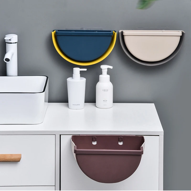 Folding Semicircle Waste Bins Kitchen Cabinet Door Hanging Trash Bin Mounted Desktop Garbage Organizer Bathroom Toilet Dustbin