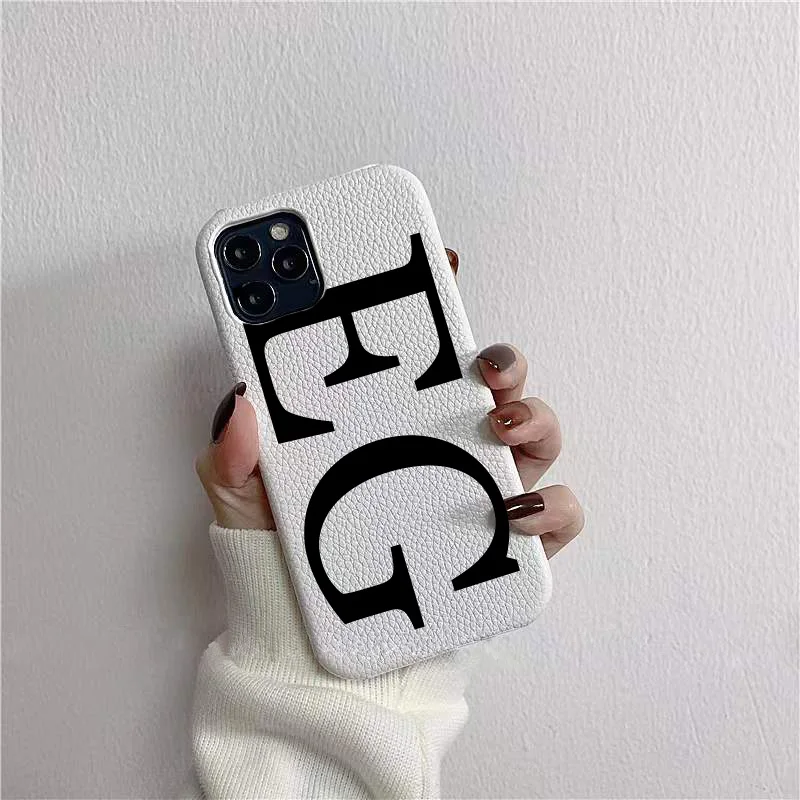 Customized Initial Letters Pebble Grain Leather Cases For iphone 11 12 13 14 15 16 Pro Max X XS XR 14 15 Plus Cover Personalisad