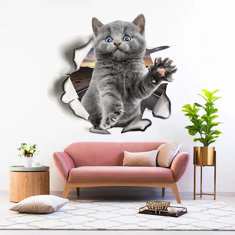 3D Broken Wall Vivid Kitten Wall Sticker Toilet Sticker Toilet Toilet Cover Bedroom Wall Mount Sticker Wall Sticker