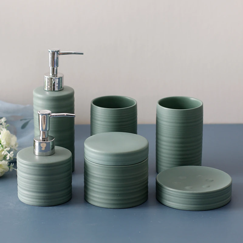 Matte Green Ceramic Bathroom Accessories Set Lotion Bottle/Jewelry Box/Tumbler/Soap Dish Bathroom Organizer for Home Hotel