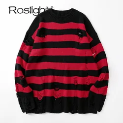 Suéter rasgado listrado preto masculino, oco para fora, Buraco Knit Jumpers, Solto Unisex Pullovers, Streetwear extragrande, Estilo Punk