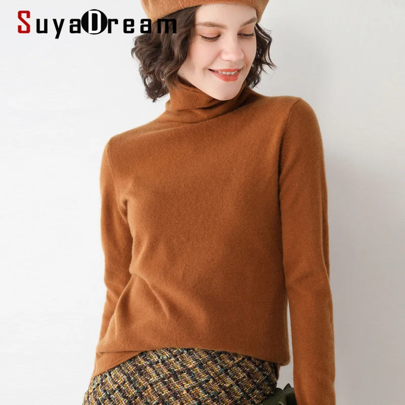 SuyaDream Woman Solid Wool Sweaters 100%Wool Turtleneck Plain Pullovers 2021 Fall Winter Bottoming Shirts Knitwear