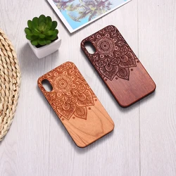 for iPhone 12 11 Pro Max XS X XR SE2 8 7 6S Plus Solid Wood Cherrywood Vintage Floral Engraved Back Cover Phone Case Shell Capa