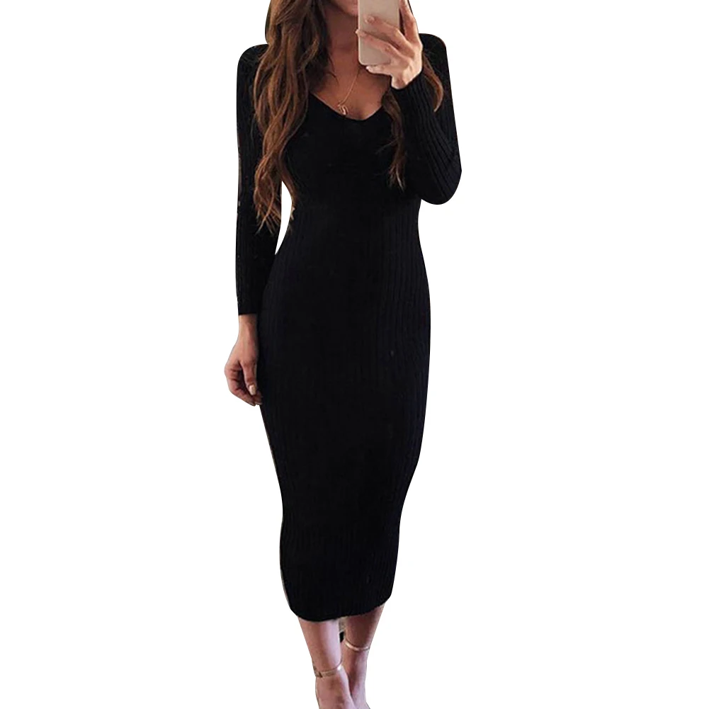 Sexy Women Dress Winter 2020 Knit Sweater Long Sleeve V Neck Backless Ribbed  Slim Knitted Midi Dress Sweater Dress Korean Dress