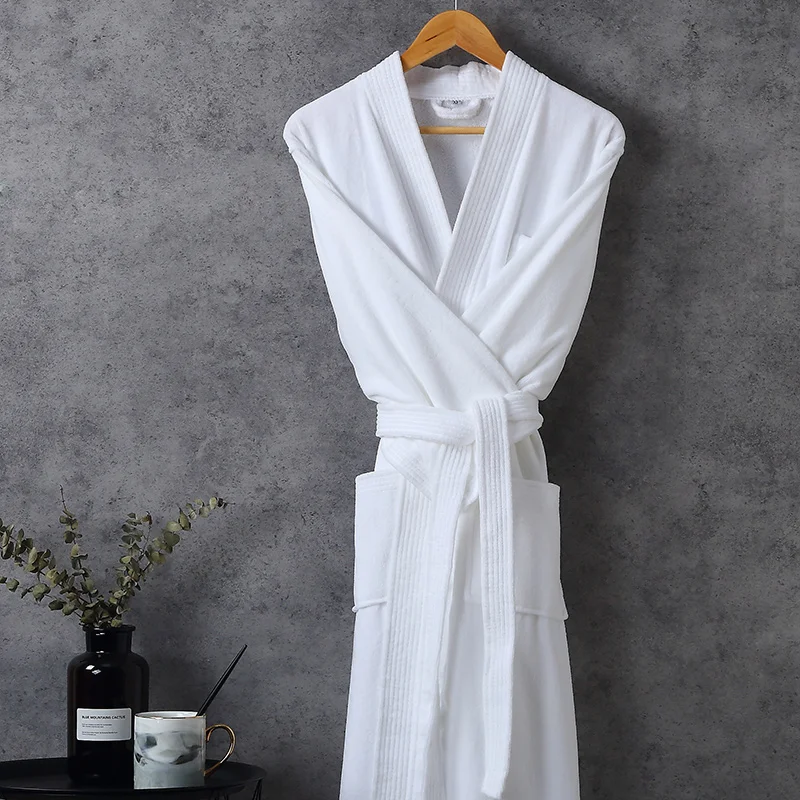 Towel Fleece Men's Robe Kimono 100% Cotton Long Thick Sleeve Homewear Autumn Winter Nightgown Solid Color Mens Bathrobes White