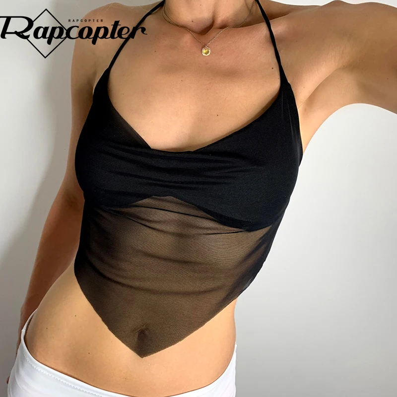 Rapcopter Mesh Retro Halter Top Fashion Crop Top Tie Up Backless Corset Top Women Beach Style Sweats Streetwear Holiday Tee Club