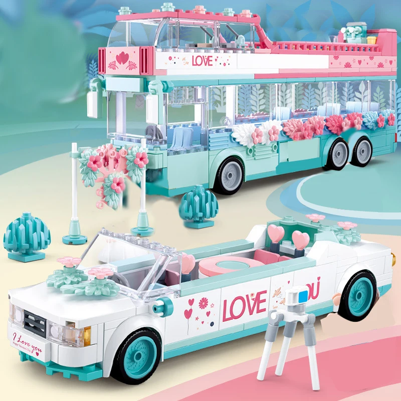 City Wedding Party Car Blocks Girl Friends Romantic Wedding Dress Model Building Blocks DIY Bricks Toys