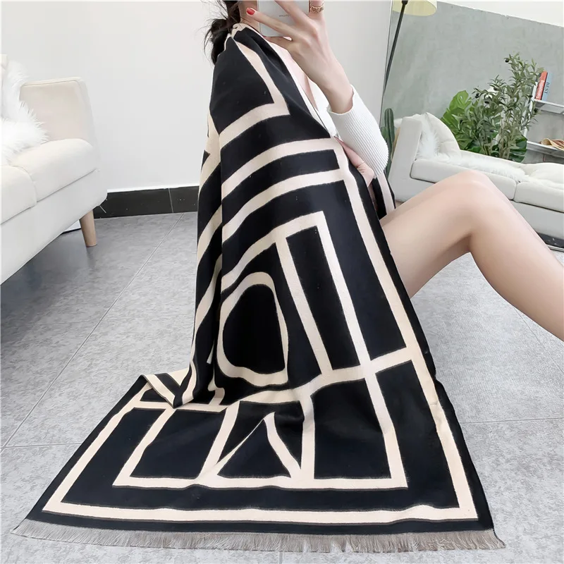 New Letter Color Blocking Imitated Cashmere Scarf Women Shawl Long Modern Stylish Pashmina Autumn Winter Wraps