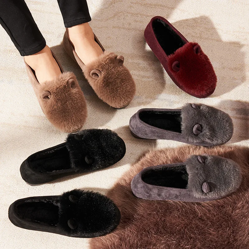 Winter Fluffy Women Shoes Fashion Gold Buckle Warm Fur Loafers Women Flats Shoes Woman Indoor Slippers Causal Home Lady Shoes