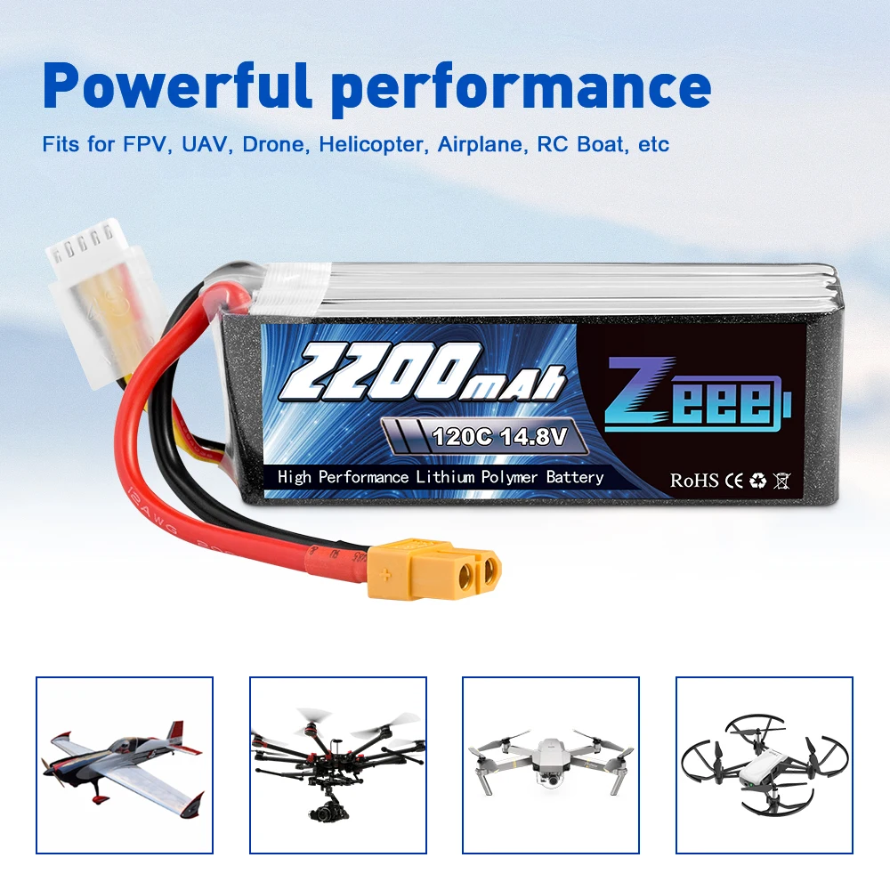 Batería LiPo de 2200mAh con enchufe XT60 para Dron teledirigido, 2 piezas Zeee 4S, 14,8 V, 120C, para FPV, coche, grafeno, barco, helicóptero, avión