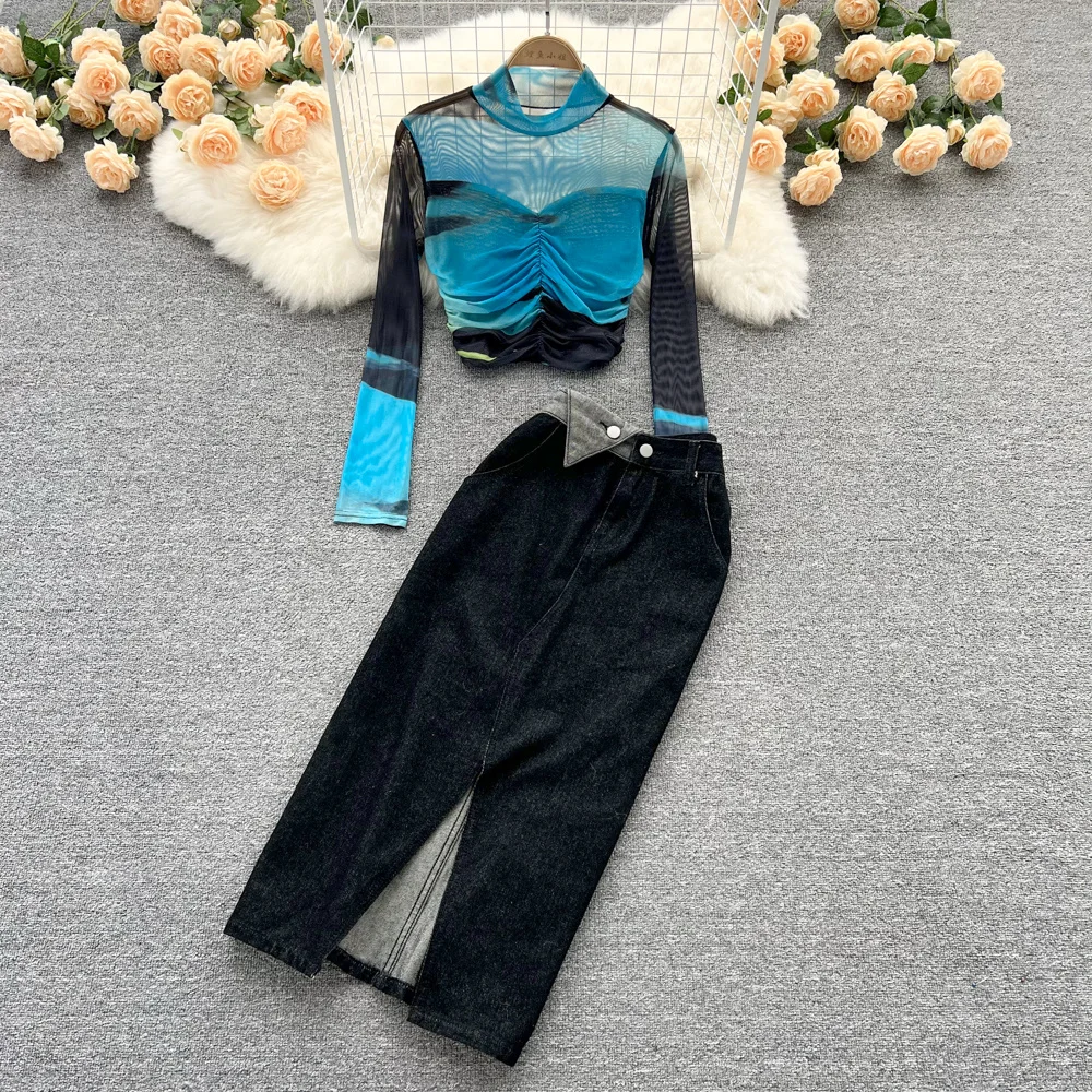 

High Waist Tie Dyed Long Sleeve T-shirt Sexy Mesh Translucent Short Top Women's Ins Fashion Skirts Suits For Girl Work Casual