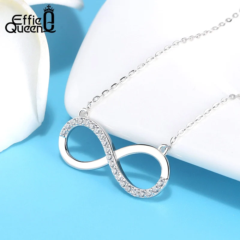 Effie Queen Real 925 Silver Dainty Infinity Love Sign Pendant Women Necklace Charm AAAA Zircon Women Necklaces Jewelry DSN192