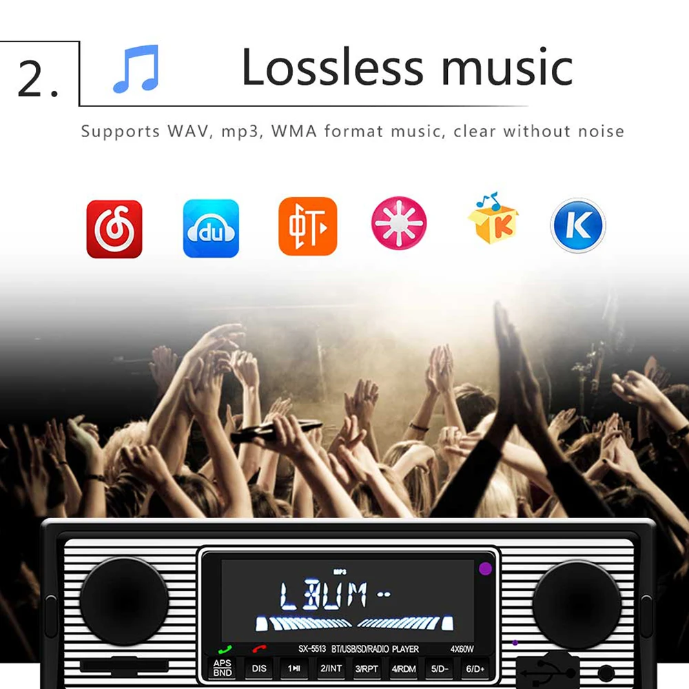 Podofo One Din Autoradio lettore Stereo MP3 Bluetooth FM Multimedia Autoradio Player 7 luci colorate AUX/USB/TF telecomando