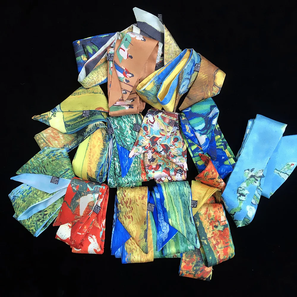 2023 Van Gogh Oil Painting Twill Silk Scarf Women Neckerchief Skinny Scarf Bag Ribbons Female Neck Tie Head Scarves Wraps