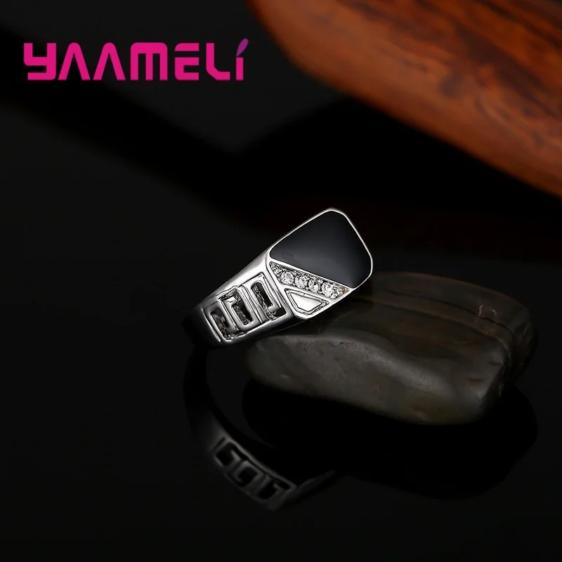 Classic Male Mens Wide Band Ring Unique 925 Sterling Silver Plated White Black Rhinestone Square Statement Hip Hop Jewelry