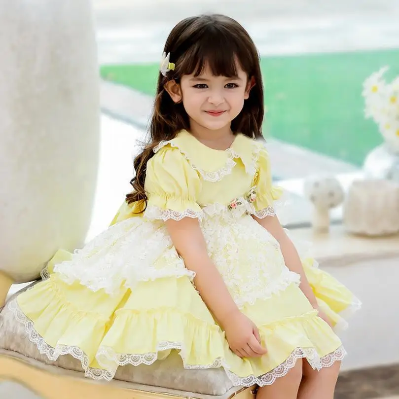 Summer New Spanish Lolita Princess Ball Gown Short Sleeve Lace Stitching Birthday Party Easter Dresses For Girl 12M-6T  A275