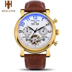 Reloj Holuns Tourbillon 남성용 시계, 자동 시계, 자체 바람 패션 기계식 손목시계, 가죽 시계