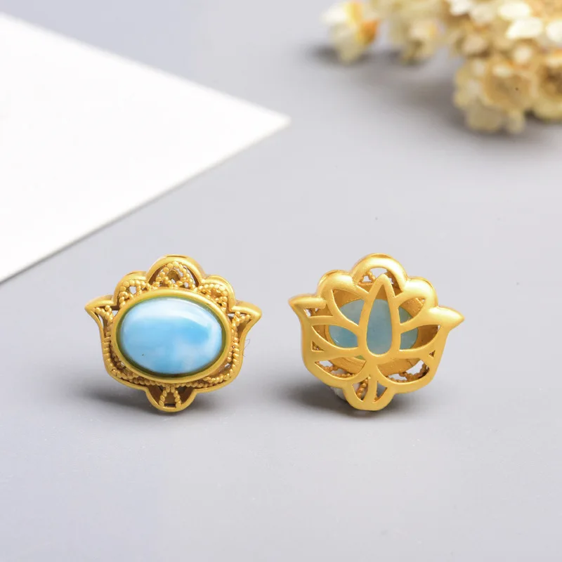 ZHEN-D Perhiasan Kualitas Tinggi Alami Larimar Perak Sepuh Emas Bentuk Lotus Mini Konektor Spacer Bead DIY Liontin Kalung Hadiah