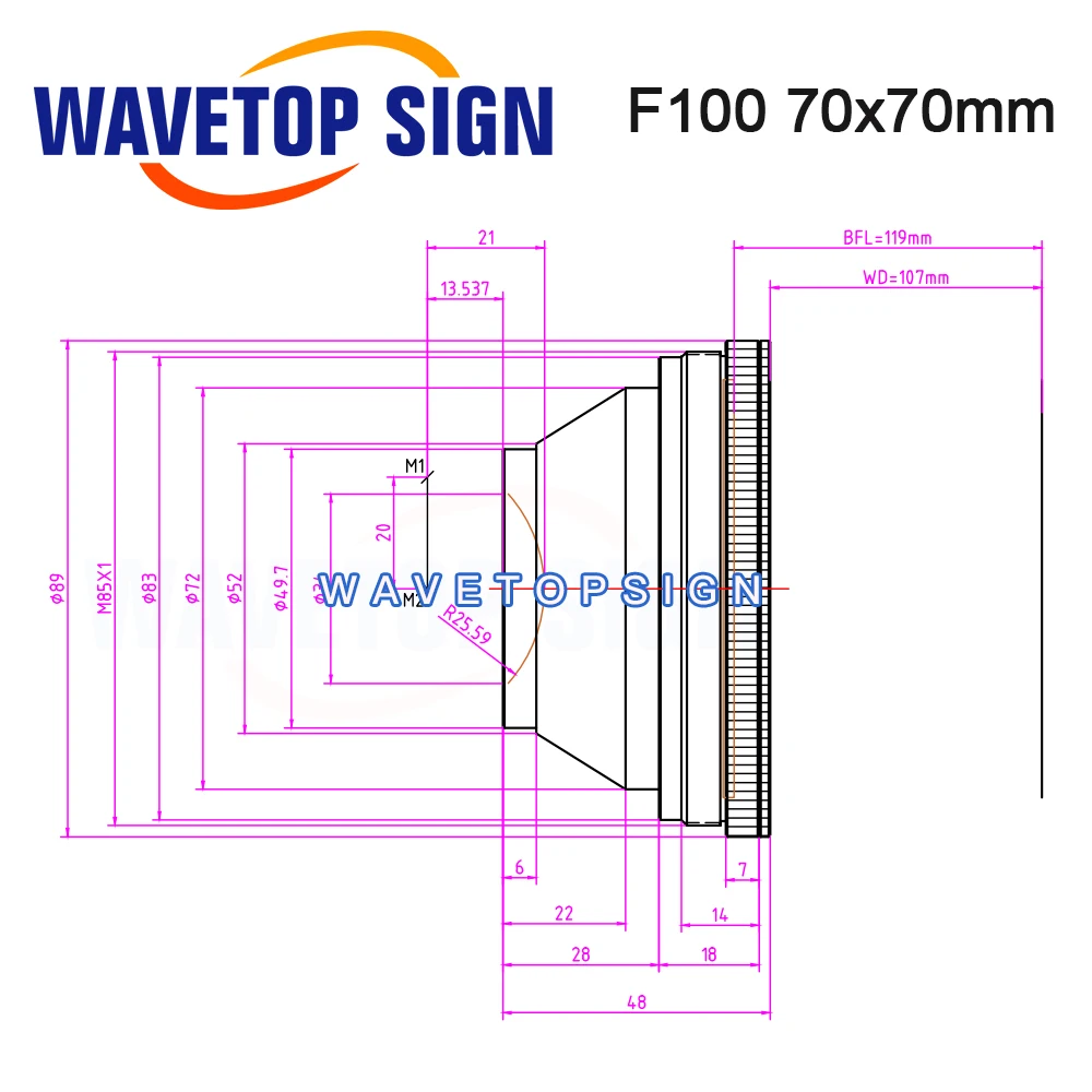 WaveTopSign 1064nm f-theta Scan Lens Field Lens lunghezza focale 63-420mm campo di scansione 50 × 50-300 × 300 per YAG Fiber Laser Galvo System
