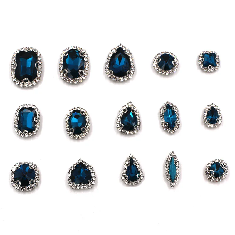 Free shipping Peacockblue mixed shape glass strass flatback sew on crystal button rhinestones for clothing/wedding decoration