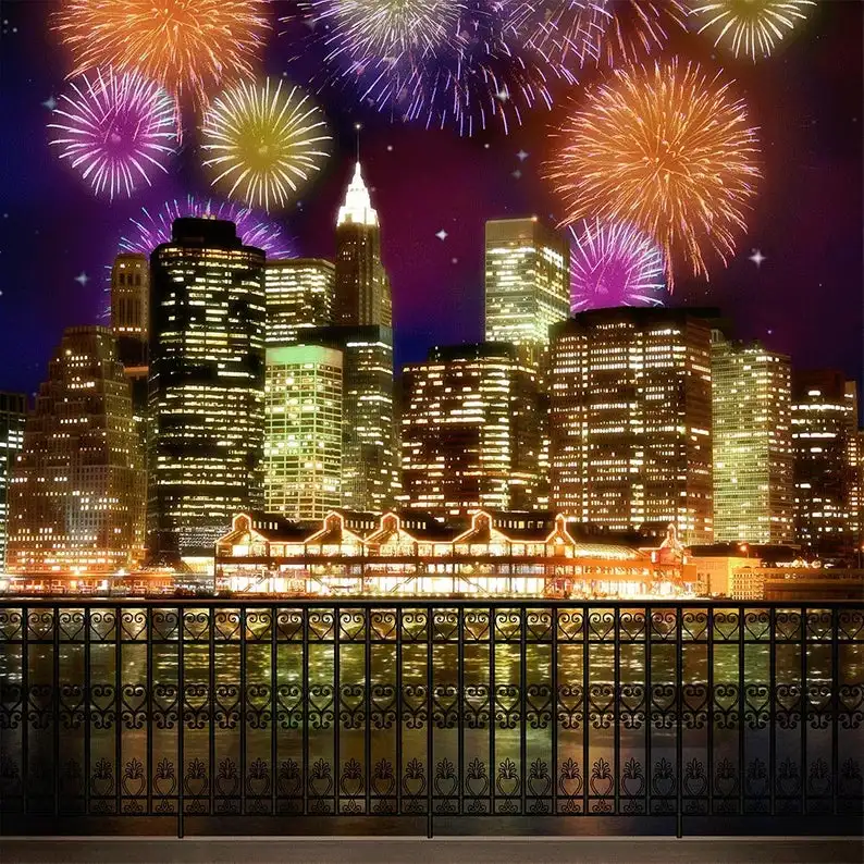 New York city skyline night Fireworks river fence background Vinyl cloth High quality Computer print party backdrops