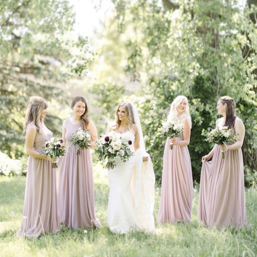 Dusty Pink Bridesmaid Dresses A-Line O-Neck Pleat Tank Floor Length Simple Formal Wedding Party Gowns Custom Made New Arrivals