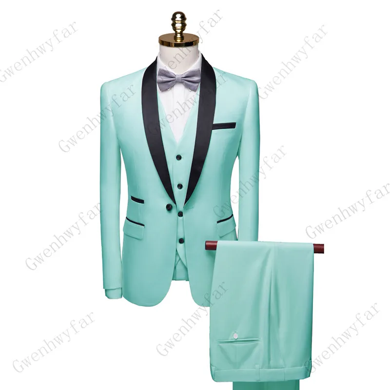 

Gwenhwyfar Mens suits Party Mint Green Slim Fit Suits（Blazer & Pants & Vest ）Design Shawl Lapel Tuxedos Prom Suit