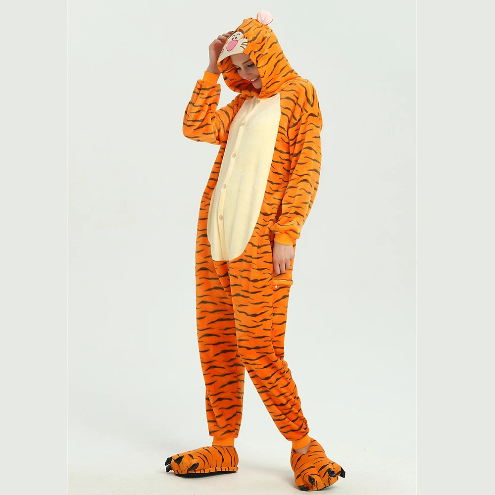 Halloween Tiger Onesies Costume Cartoon Unisex-adult Men Couple Animals Tiger Pajamas Hooded Sleepwear Women Cosplay Jumpsuit