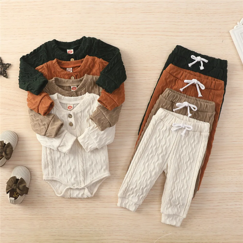 

2021 Newborn Baby Knitted Warm Romper Tops Pants 2Pcs Suit Toddler Girl Boy Long Sleeve Fall Winter Homewear