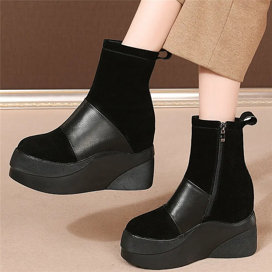 

Platform Oxfords Shoes Women Leather Wedges High Heel Ankle Boots Female Round Toe Winter Fashion Sneakers High Top Trainers