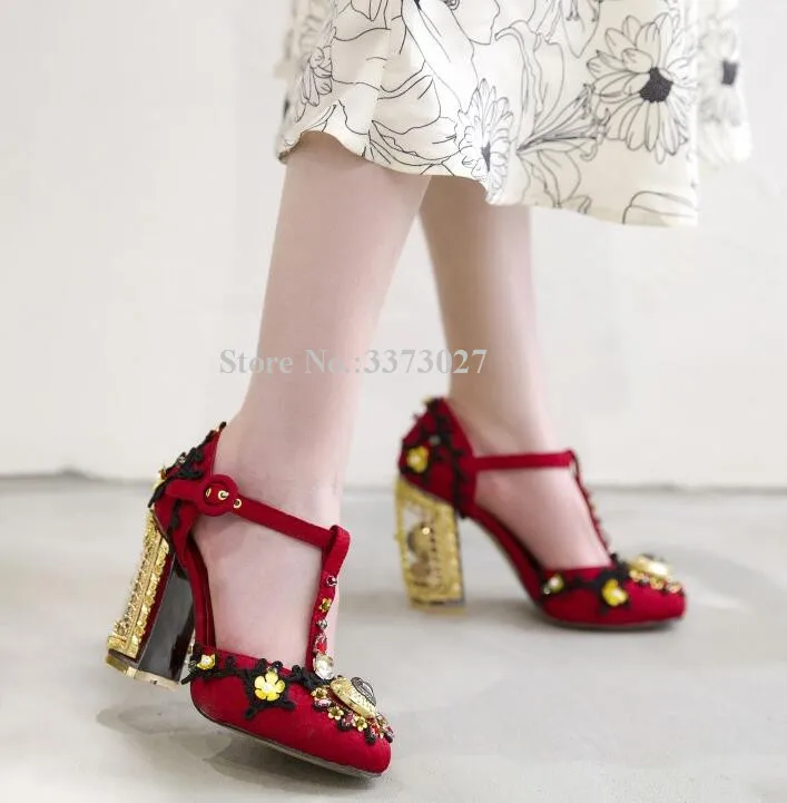 Jewelry Flower Chunky Heel Mary Jeans Shoes Woman Round Toe Rhinestone Unique Design Heel Crystal Pumps Shoes Lady Wedding Shoes