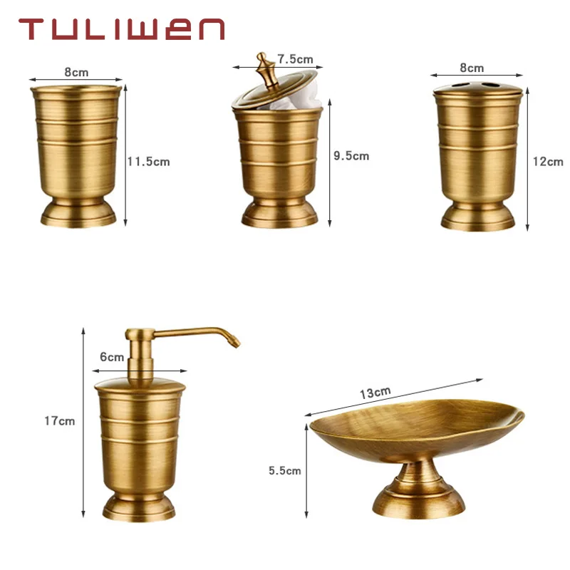 Antique Brass Soap Dish Liquid Soap Dispenser Toothbrush Holder Gargle Cup Storage Tank 5pcs Bathroom Accessory Set