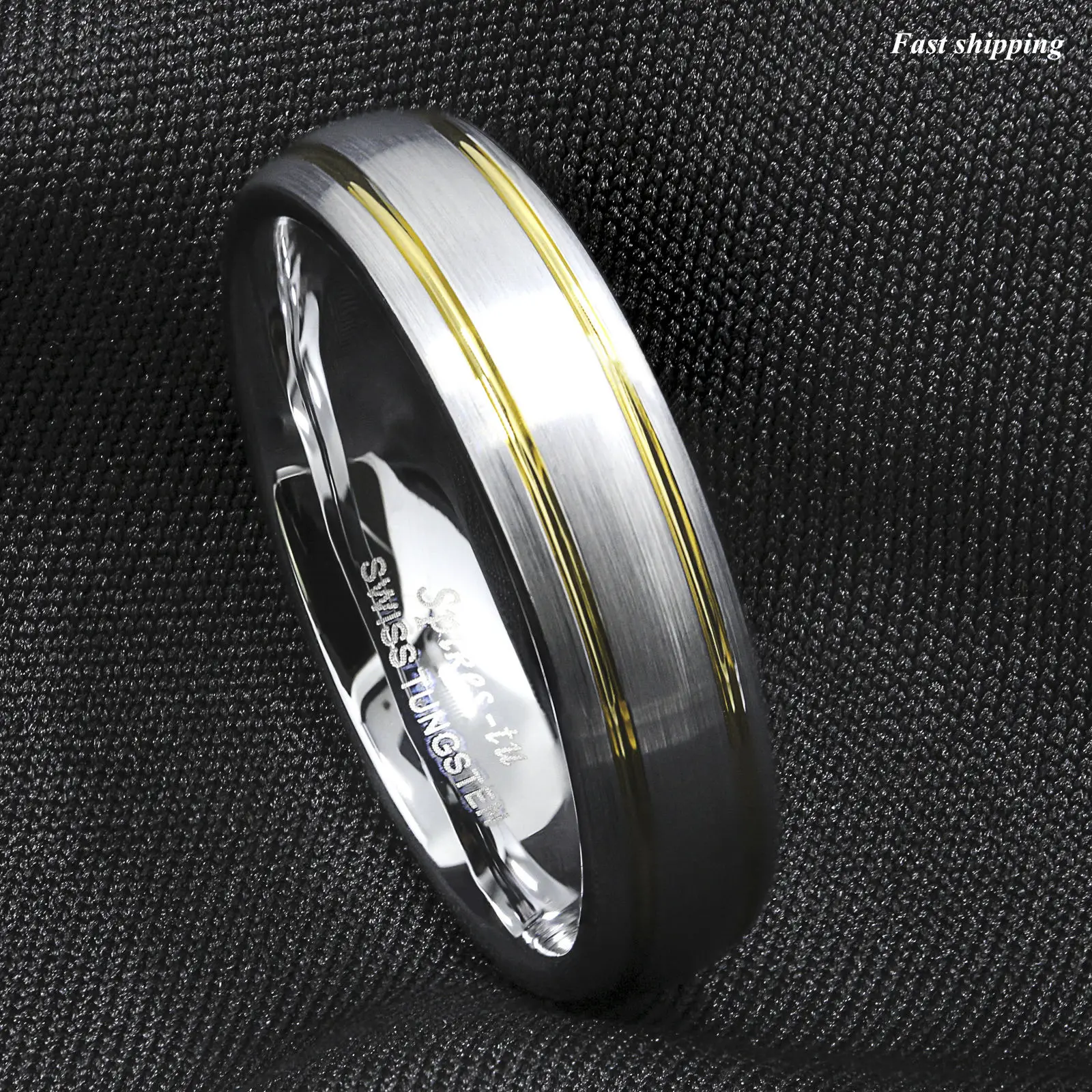 

8mm Tungsten Ring Brushed Silver Dome 18k Gold Wedding Band ATOP Mens Jewelry