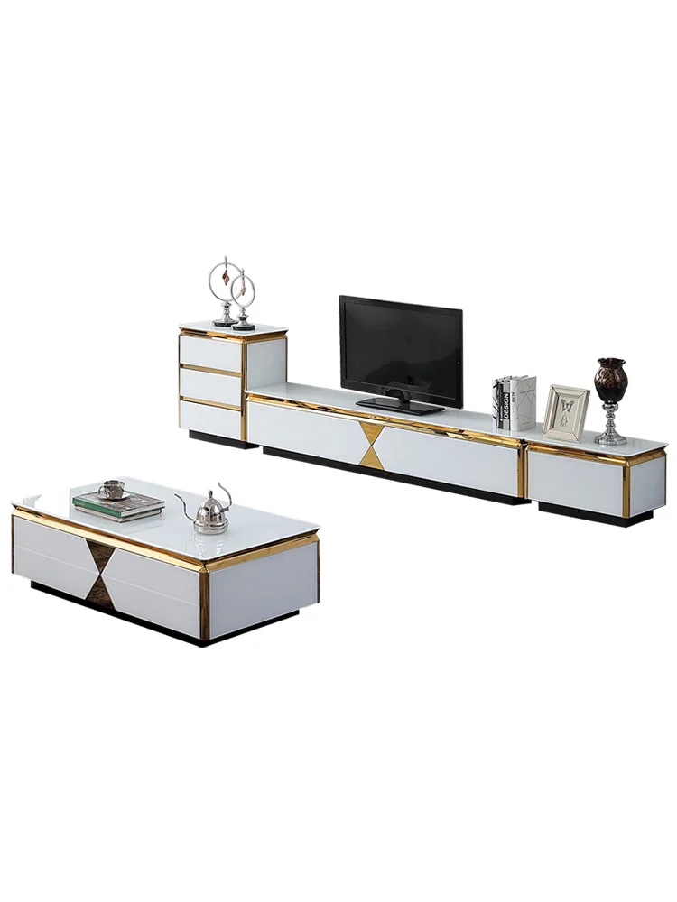 tea table black/white Living Room TV monitor stand mueble stalinite gold stainless steel cabinet +tv table+Coffee centro Table