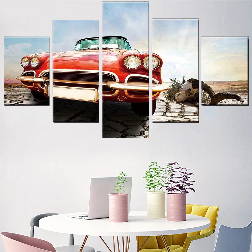 

5 Pieces Wall Art Canvas Painting Red Car Sky Poster Modern Living Room Bedroom Home Decoration Modular Pictures Framework