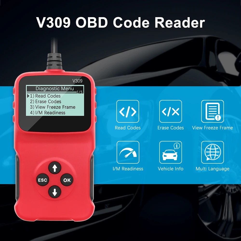 

OBD2 V309 Универсальный полный диагностический инструмент OBDII, сканер кодов, сканирование автомобильных кодов для всех 1996 и новых автомобилей, совместимых с OBDII