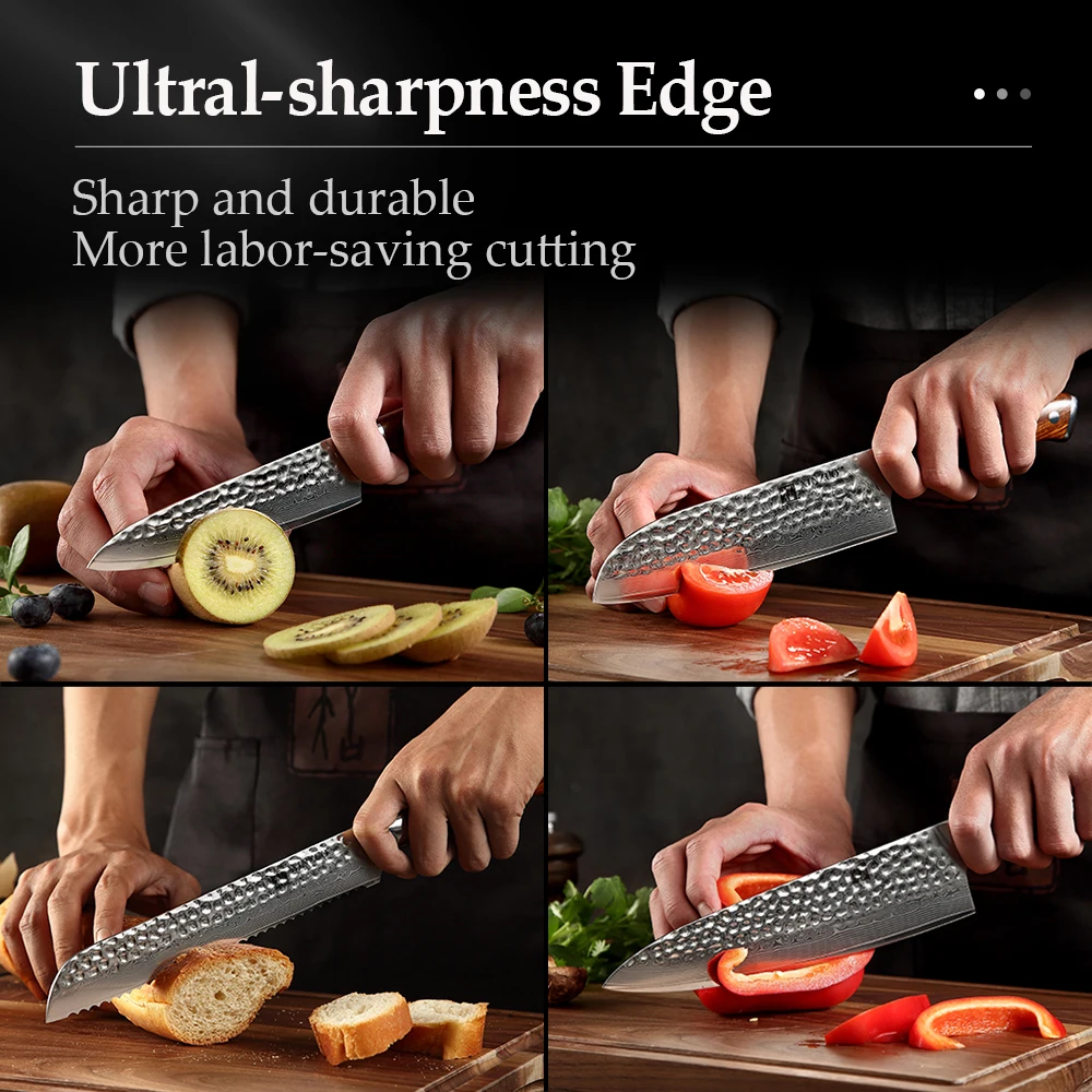 XINZUO Pro 7 Pieces Chef Set Japanese Damascus Steel Kitchen Accessories Sharp Meat Cleaver Vegetable Slicer Santoku Knife