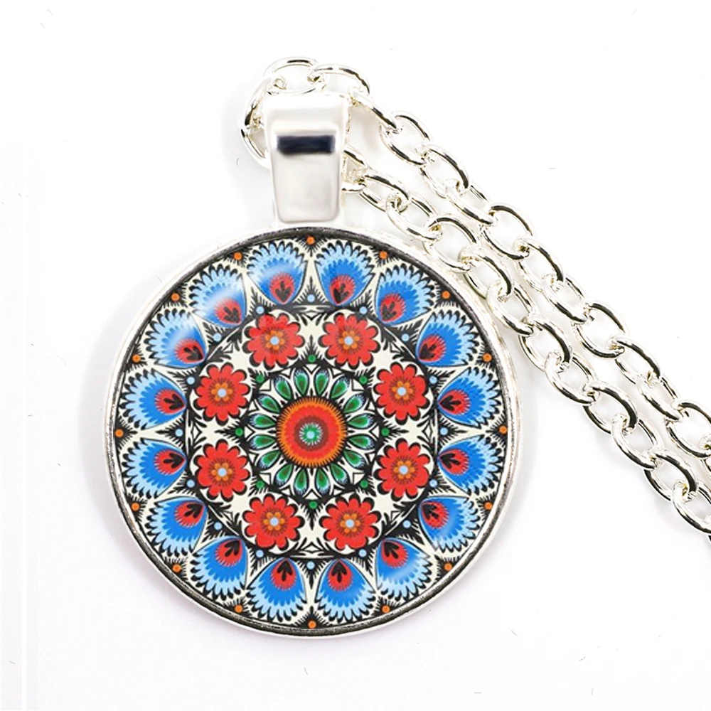 Ethnic Polish Folk Art Pattern Glass Cabochon Necklace Bohemia Fashion Flower Print Round Jewelry Pendant For Women Men Gift