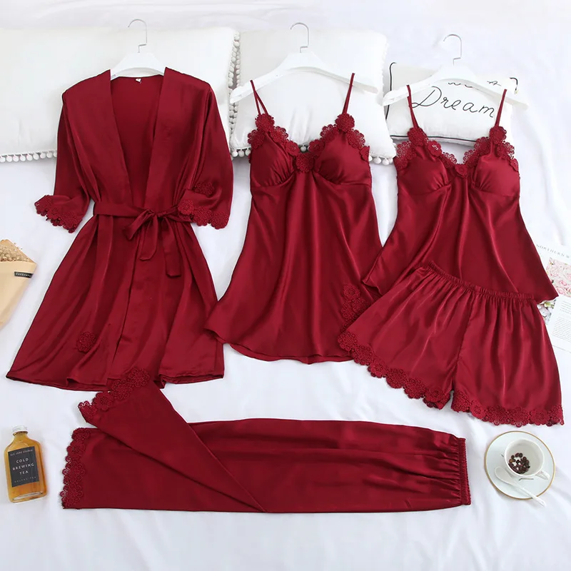 5PCS Pajamas Set Burgundy Womens Satin Lace Sleep Pijama Home Nightie Sexy V-Neck Bathrobe Spring Wear Robe Gown Suit Sleepwear